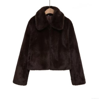 Women's Faux Fur Cropped Jacket Fashion Lapel Long Sleeve Winter Warm Coat Solid Dark Brown Outwear For Women Elegant Plush Jacket
