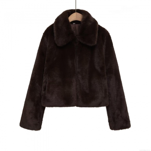 Women's Faux Fur Cropped Jacket Fashion Lapel Long Sleeve Winter Warm Coat Solid Dark Brown Outwear For Women Elegant Plush Jacket