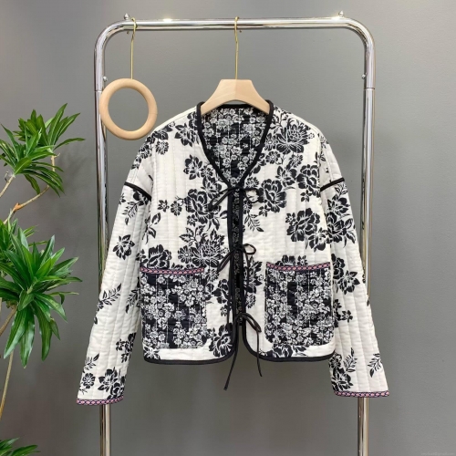 Women Quilted Padded Jacket French Retro Floral Print Long Sleeve Short Coat With Lace-up Closure Ethnic Embroidery Trim Warm Casual Outerwear