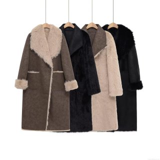 Women's Faux Fur Long Coat Sexy Suede Patchwork Lapel Thick Warm Winter Outwear Streetwear Jacket Overcoat With Large Pockets For Women