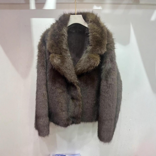 Women's French Style Faux Fur Jacket Elegant Deep Brown Suede Winter Coat Thick Lapel Collar Long Sleeve Zip Up Warm Faux Fur Outerwear