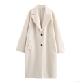 Women's Elegant Long Woolen Coat Fashion Lapel Double Button Loose Trench Jacket Cream White Outerwear For Autumn Winter Ladies