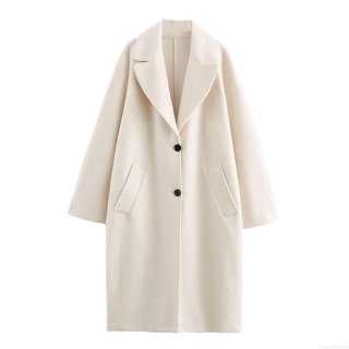 Women's Elegant Long Woolen Coat Fashion Lapel Double Button Loose Trench Jacket Cream White Outerwear For Autumn Winter Ladies