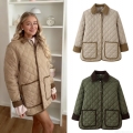 Women's Retro Quilted Jacket Diamond Pattern Padded Coat With Corduroy Collar Casual Long Sleeve Single Breasted Outwear With Pockets For Autumn Winter