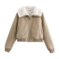 Women's Fashionable Faux Suede Bomber Jacket With Faux Sherpa Collar Warm Zip Up Casual Streetwear Outerwear Coat For Women