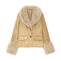 Women's Fashion Suede Faux Fur Collar Short Jacket Winter Warm Slim Fit Solid Color Camel Long Sleeve Blazer Coat