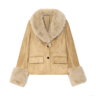 Women's Fashion Suede Faux Fur Collar Short Jacket Winter Warm Slim Fit Solid Color Camel Long Sleeve Blazer Coat