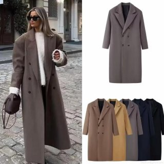 Women's Double Breasted Long Woolen Coat Oversized Lapel Solid Color Polyester Trench Jacket Outwear For Autumn Winter Commute