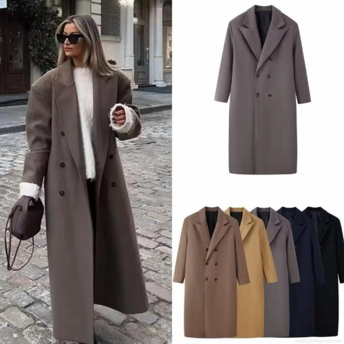 Women's Double Breasted Long Woolen Coat Oversized Lapel Solid Color Polyester Trench Jacket Outwear For Autumn Winter Commute