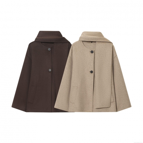Women French Fashion Retro Design Scarf Collar Short Woolen Coat Elegant Solid Color Double Button Outwear Minimalist Autumn Winter Jackets For Women
