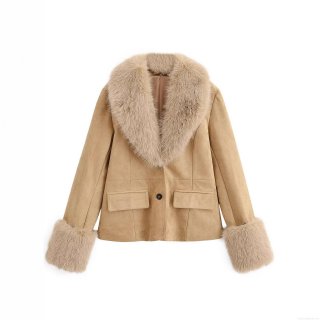Women's Faux Suede Blazer With Detachable Faux Fur Collar And Cuffs Retro Solid Color Long Sleeve Jacket For Fall Winter Ladies Fashion Outerwear