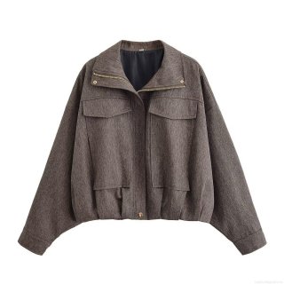 Women Herringbone Tweed Jacket Short Bomber Style Outerwear Stand Collar Metal Zipper Casual Workwear Coat With Patch Pockets For Autumn Winter