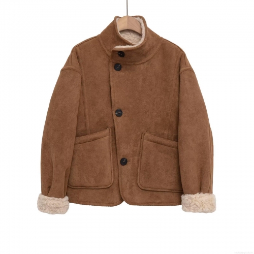 Women's French Fashion Faux Suede Jacket Stand Collar Contrast Lamb Wool Lining Short Coat Warm Button Front Outerwear For Winter Autumn Ladies