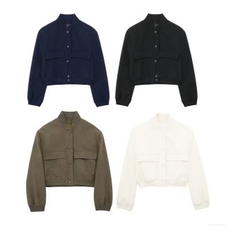 Women's Fashion Bomber Jacket Short Stand Collar Utility Pocket Coat Casual Autumn Outerwear Polyester Leather Blend Flight Jacket For Women