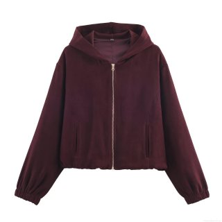 Women's French Style Faux Suede Hooded Jacket Vintage Solid Color Casual Short Zip Up Coat Long Sleeve Spring Autumn Ladies Fashion Outerwear
