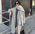 Women's Loose Polyester Blend Woolen Coat With Matching Scarf Contrast Piping Long Sleeve Open Front Trench Coat Minimalist Autumn Winter Outerwear