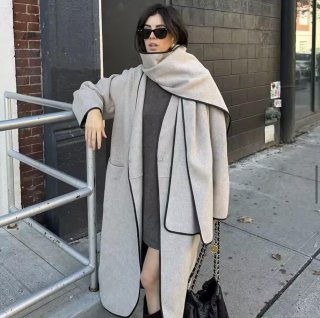 Women's Loose Polyester Blend Woolen Coat With Matching Scarf Contrast Piping Long Sleeve Open Front Trench Coat Minimalist Autumn Winter Outerwear