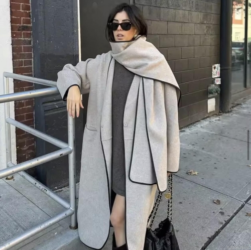 Women's Loose Polyester Blend Woolen Coat With Matching Scarf Contrast Piping Long Sleeve Open Front Trench Coat Minimalist Autumn Winter Outerwear