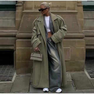 Women's Long Woolen Coat Oversized Double Breasted Belted Ankle Length Trench Coat Solid Color Matcha Green Autumn Winter Warm Overcoat Streetwear