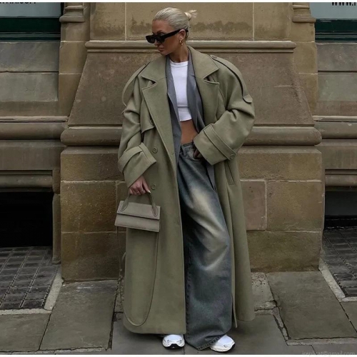 Women's Long Woolen Coat Oversized Double Breasted Belted Ankle Length Trench Coat Solid Color Matcha Green Autumn Winter Warm Overcoat Streetwear