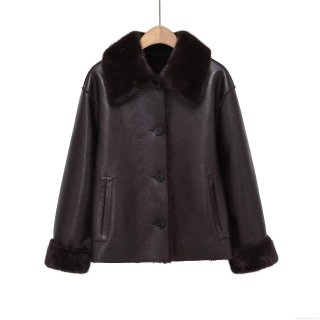 Women's Reversible Faux Leather Fur Shearling Jacket With Large Lapel Fur Collar Warm Fleece Lined Short Coat Fashion Elegant Winter Outerwear For Ladies