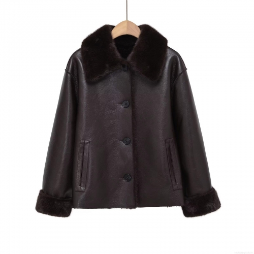 Women's Reversible Faux Leather Fur Shearling Jacket With Large Lapel Fur Collar Warm Fleece Lined Short Coat Fashion Elegant Winter Outerwear For Ladies