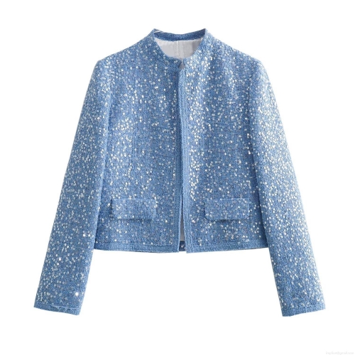 Women Elegant Light Blue Sequin Tweed Jacket Shiny Glitter Short Coat Long Sleeve Stand Collar Zipper Outwear For Party Daily Autumn Winter