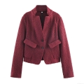 French Retro Slim Fit Wine Red Boucle Wool Jacket For Women Elegant Stand Collar Single Breasted Short Coat With Pockets For Autumn Winter Party Office