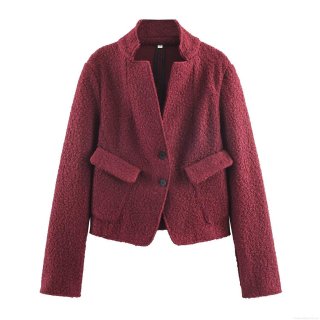 French Retro Slim Fit Wine Red Boucle Wool Jacket For Women Elegant Stand Collar Single Breasted Short Coat With Pockets For Autumn Winter Party Office
