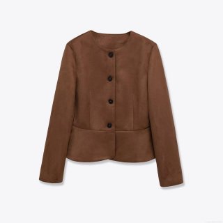 Women's Fashion Faux Suede Jacket Solid Color Round Neck Single Breasted Short Coat Streetwear Casual Outwear For Autumn Winter
