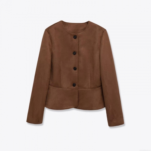 Women's Fashion Faux Suede Jacket Solid Color Round Neck Single Breasted Short Coat Streetwear Casual Outwear For Autumn Winter