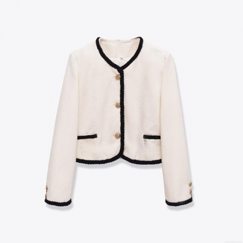 Women's French Elegant Tweed Short Jacket With Black Contrast Trim And Gold Buttons Round Neck Long Sleeve Polyester Coat For Party Office Work