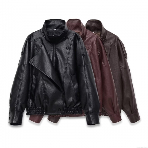 Women's Fashion PU Faux Leather Jacket Stand Collar Long Sleeve Zipper Bomber Moto Coat Vintage Solid Color Outerwear for Ladies Autumn Winter