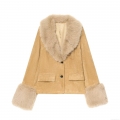 Women's Fashion Suede Faux Fur Trim Jacket Elegant Lapel Single Breasted Short Coat Fall Winter Warm Khaki Outerwear