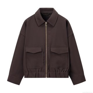 Women's Casual Polyester Zipper Up Jacket Solid Dark Brown Long Sleeve Workwear Cargo Outerwear With Elastic Hem Lapel Pockets