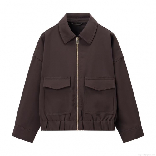 Women's Casual Polyester Zipper Up Jacket Solid Dark Brown Long Sleeve Workwear Cargo Outerwear With Elastic Hem Lapel Pockets