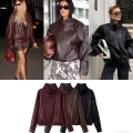 Women's Oversized Faux Leather Biker Jacket Stand Collar Asymmetrical Zipper Long Sleeve PU Outerwear Streetwear Moto Coat With Pockets