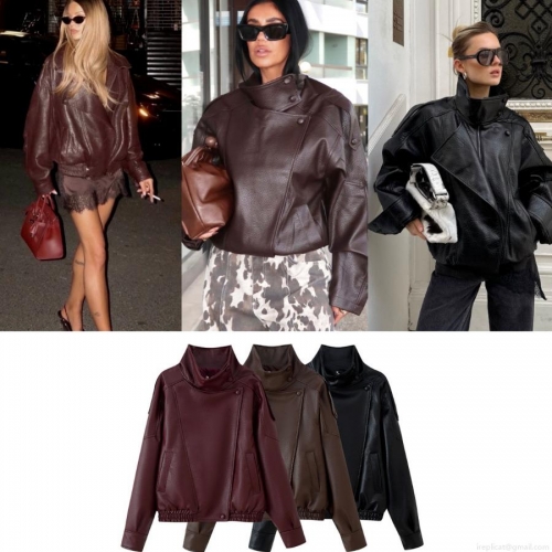 Women's Oversized Faux Leather Biker Jacket Stand Collar Asymmetrical Zipper Long Sleeve PU Outerwear Streetwear Moto Coat With Pockets
