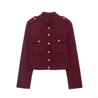 Women's French Style Wine Red Woolen Texture Jacket Elegant Stand Collar Long Sleeve Short Coat With Gold Metal Buttons Slim Fit Fashion Outerwear
