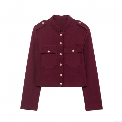 Women's French Style Wine Red Woolen Texture Jacket Elegant Stand Collar Long Sleeve Short Coat With Gold Metal Buttons Slim Fit Fashion Outerwear