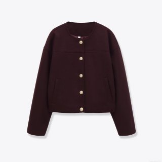 Women Elegant Burgundy Short Jacket Coat With Gold Embossed Buttons Round Neck Long Sleeve Casual Outerwear Polyester Clothing For Lady