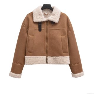 Women's Faux Suede Leather Jacket With Faux Fur Lining Sherpa Aviator Jacket Short Warm Winter Coat Lapel Collar Zip Up Outwear For Women