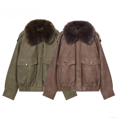 Women's Faux Suede Bomber Jacket With Large Faux Fur Collar Retro Thick Warm Zip Up Loose Fit Pocket Coat For Autumn Winter Streetwear Ladies