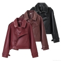 Women's Motorcycle PU Faux Leather Jacket Short Notched Lapel Coat With Belt Zip Up Biker Streetwear Fashion Autumn Outwear