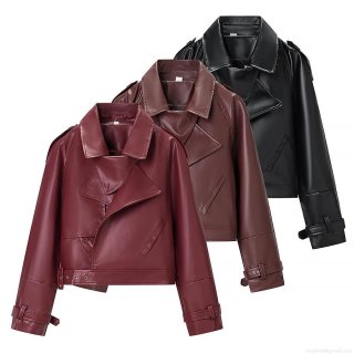 Women's Motorcycle PU Faux Leather Jacket Short Notched Lapel Coat With Belt Zip Up Biker Streetwear Fashion Autumn Outwear