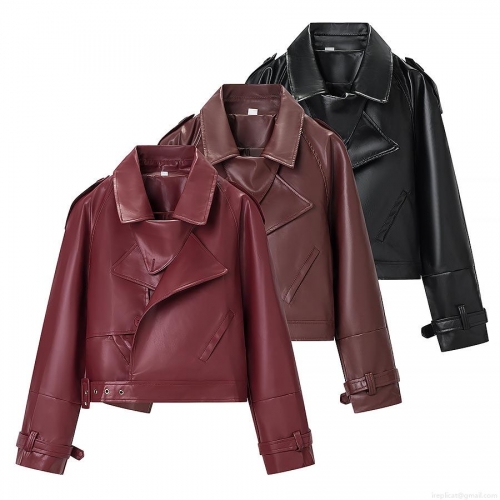 Women's Motorcycle PU Faux Leather Jacket Short Notched Lapel Coat With Belt Zip Up Biker Streetwear Fashion Autumn Outwear