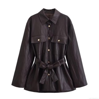 Women's Faux Leather Shirt Jacket Elegant PU Leather Mid-Length Trench Coat With Belt Gold Buttons Long Sleeve Lapel Windbreaker Outwear For Lady