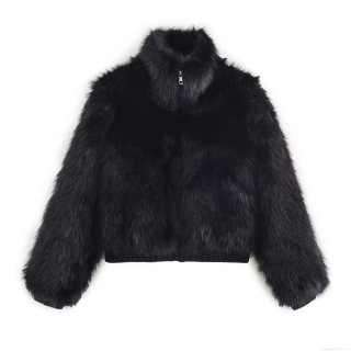Women Fashion Faux Fur Jacket Stand Collar Zip Up Short Coat Casual Warm Outerwear Solid Black Long Sleeve Celebrity Style Ladies Fall Winter Bomber Jacket