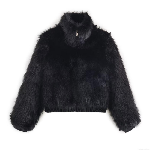 Women Fashion Faux Fur Jacket Stand Collar Zip Up Short Coat Casual Warm Outerwear Solid Black Long Sleeve Celebrity Style Ladies Fall Winter Bomber Jacket