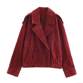Women's Faux Suede Jacket Fashion Lapel Double Breasted Short Coat Vintage Brick Red Long Sleeve Casual Outerwear Elegant Socialite Style Utility Cargo Jacket For Women